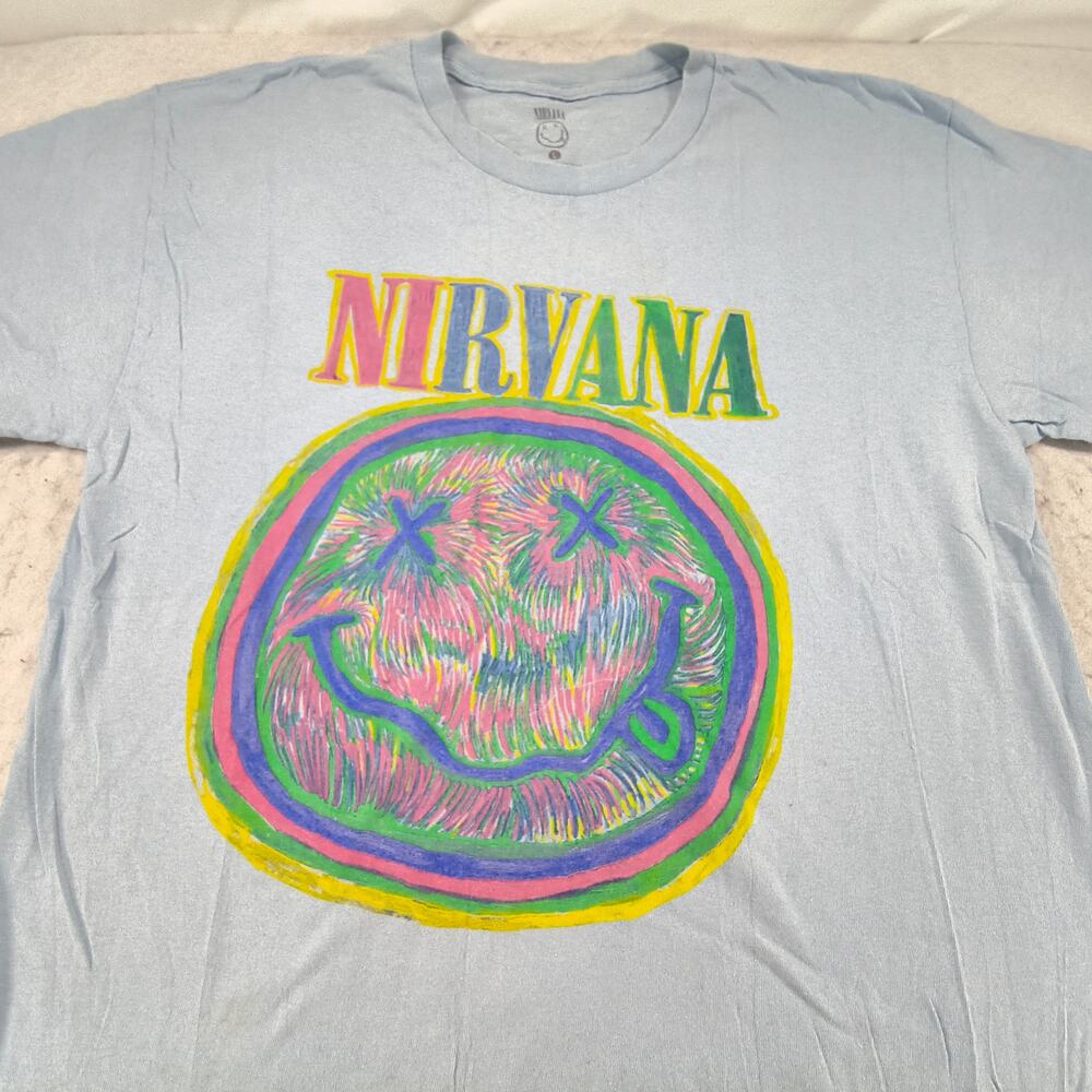 Nirvana Band Casual Crew Neck Graphic Shirt Adult Mens Size Large L Blue Multi